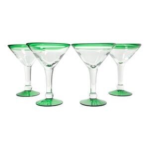 Set of 4 Mexican-Style Green Rim Martini or Margarita Glasses 6 1/2” 8oz